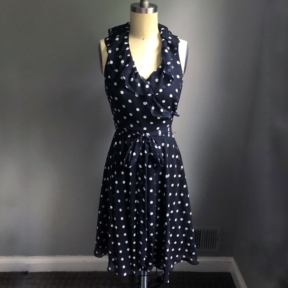 Ralph Lauren Sleeveless Navy Polka Dot Wrap Dress